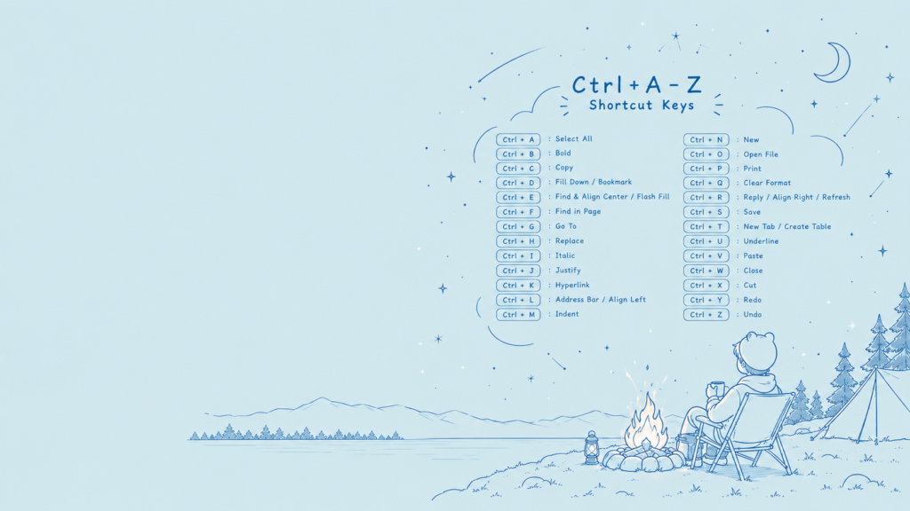 おしゃれなCtrl + A-Zショートカットキー壁紙(キャンプデザイン_英語)